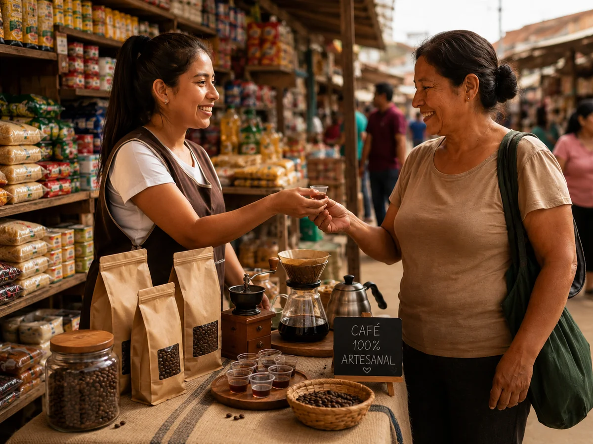 Promotora TMS ofreciendo una muestra de café a una clienta en un mercado