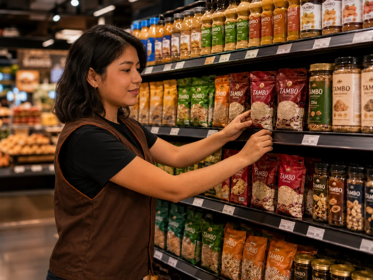 Promotora TMS reponiendo y ordenando productos en el anaquel de una tienda