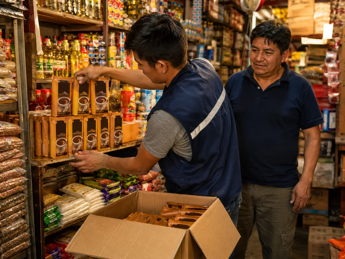 Repositor TMS colocando producto en los estantes de una bodega tradicional peruana