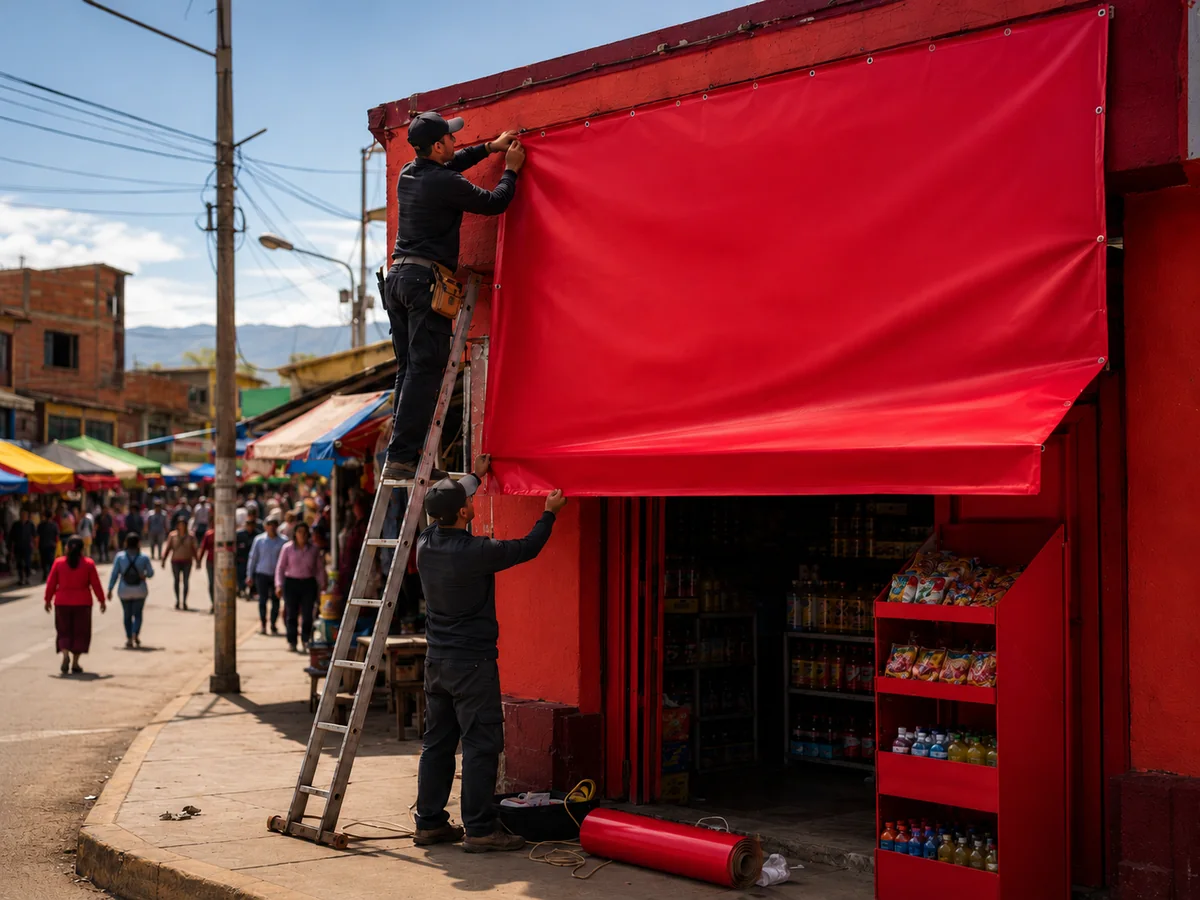 Operarios TMS instalando un banner de gran formato en la fachada de una bodega de mercado
